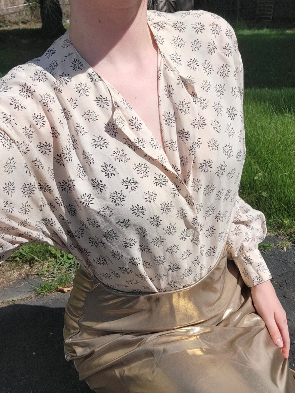 ❝ Talbots vintage cream silk blouse with black floral design . ❞